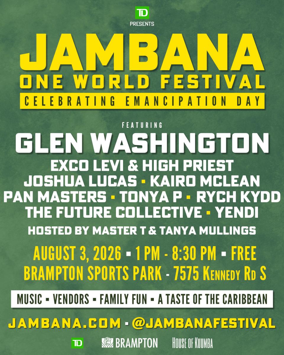 JAMBANA One World Festival Returns to Brampton on August 3 to Celebrate Emancipation Day Through Music, Culture and Community Brampton will come alive with the rhythm, flavour and spirit of the Caribbean as the JAMBANA One World Festival lights up Brampton Sports Park on Monday, August 3, 2026. Presented by TD and in collaboration with the City of Brampton, the free festival celebrates Emancipation Day with an unforgettable day of live entertainment, cultural experiences, and family-friendly activities
