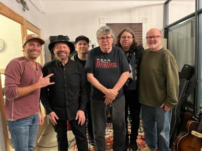 L-R JP LeBlanc, producer Colin Linden, engineer Mike Stankiewic,  Larry LeBlanc, bass player educator producer David Santos, and  drummer Bryan Owings.